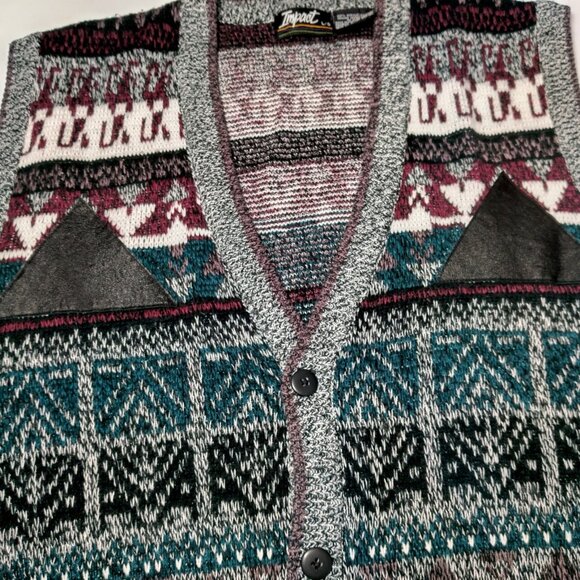 Vintage 1990s Impact Sweater Vest Men Large Gray Purple Geometric Leather Trim - Picture 16 of 16